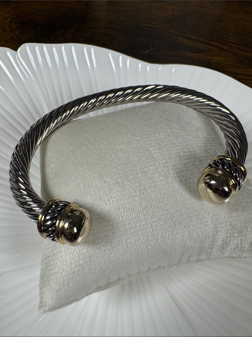 Two-Tone Silver and Gold Twisted Cable Cuff Bracelet